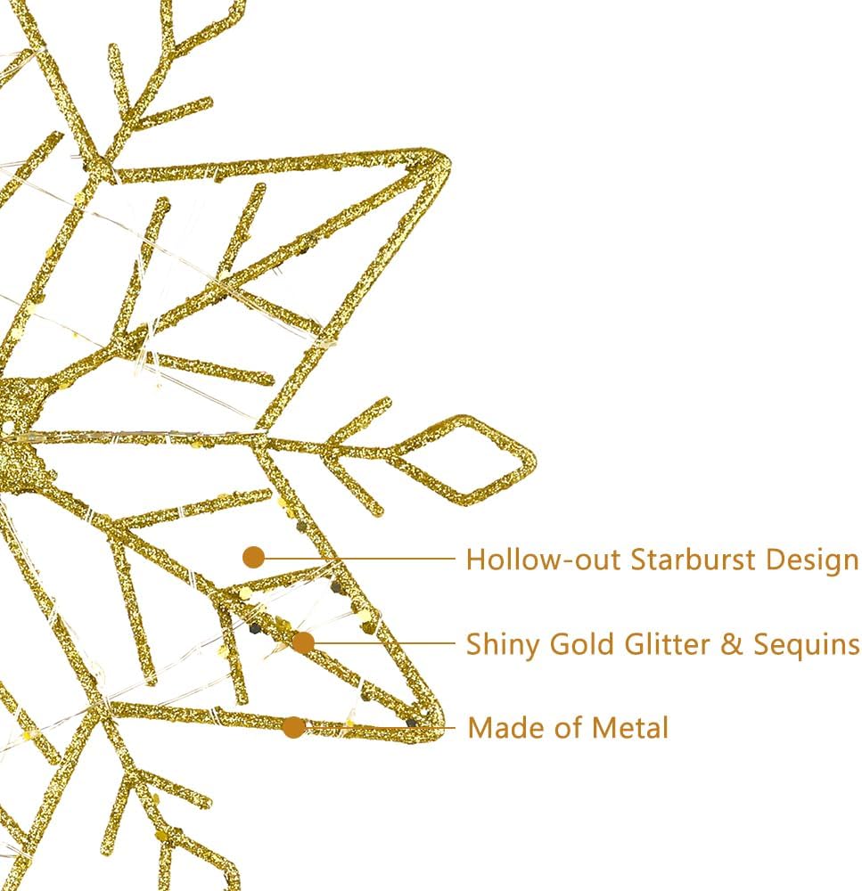 hogardeck Christmas Tree Topper, 10 Inches Lighted Gold Snow Tree Topper, 20 LED Lights Gold