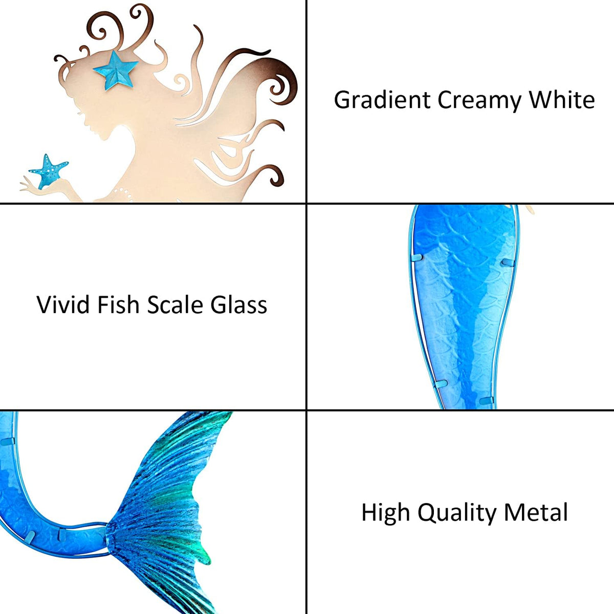 John's Studio Mermaid Wall Decor Outdoor Metal Fish Bathroom Hanging Art Glass Blue Ocean Theme