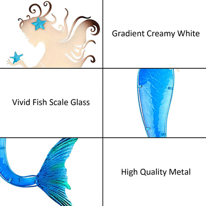 John's Studio Mermaid Wall Decor Outdoor Metal Fish Bathroom Hanging Art Glass Blue Ocean Theme