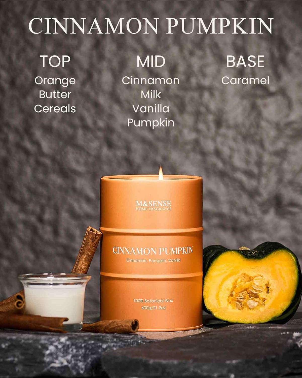 M&SENSE Cinnamon Pumpkin Scented Candles Large, Natural Soy Candles 21.2oz 120 Hour Slow