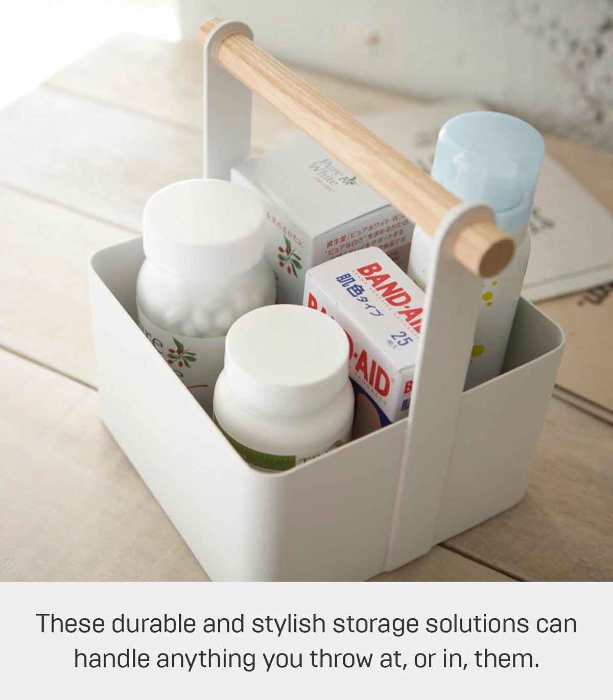 YAMAZAKI Home Tosca Storage Basket - Wood Handle Organizer - Small - Steel + Wood