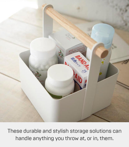 YAMAZAKI Home Tosca Storage Basket - Wood Handle Organizer - Small - Steel + Wood