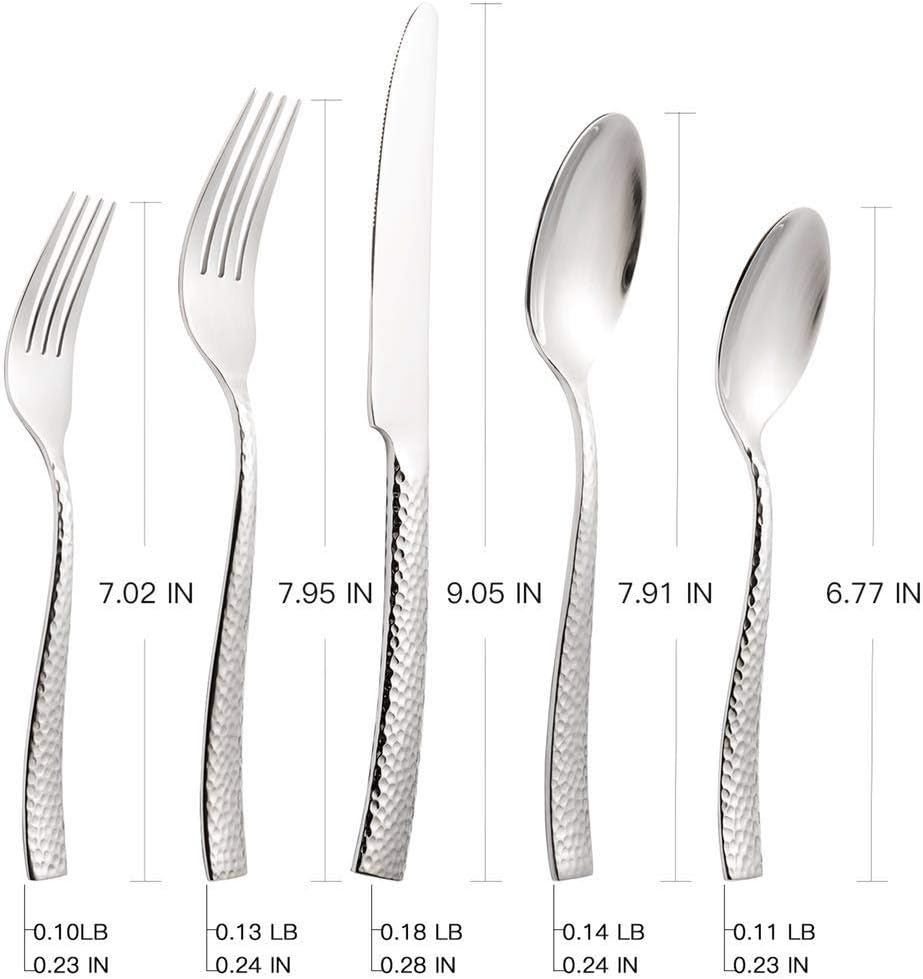 Silverware 45-Piece Silver Hammered Flatware Set with Serving Utensils Stainless Steel Thick Handle