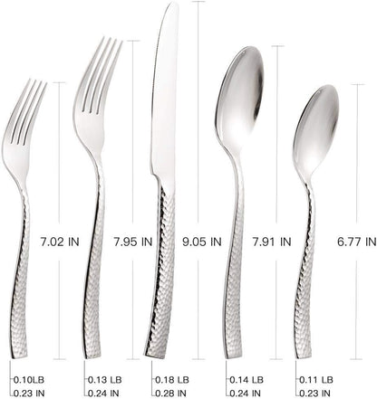 Silverware 45-Piece Silver Hammered Flatware Set with Serving Utensils Stainless Steel Thick Handle