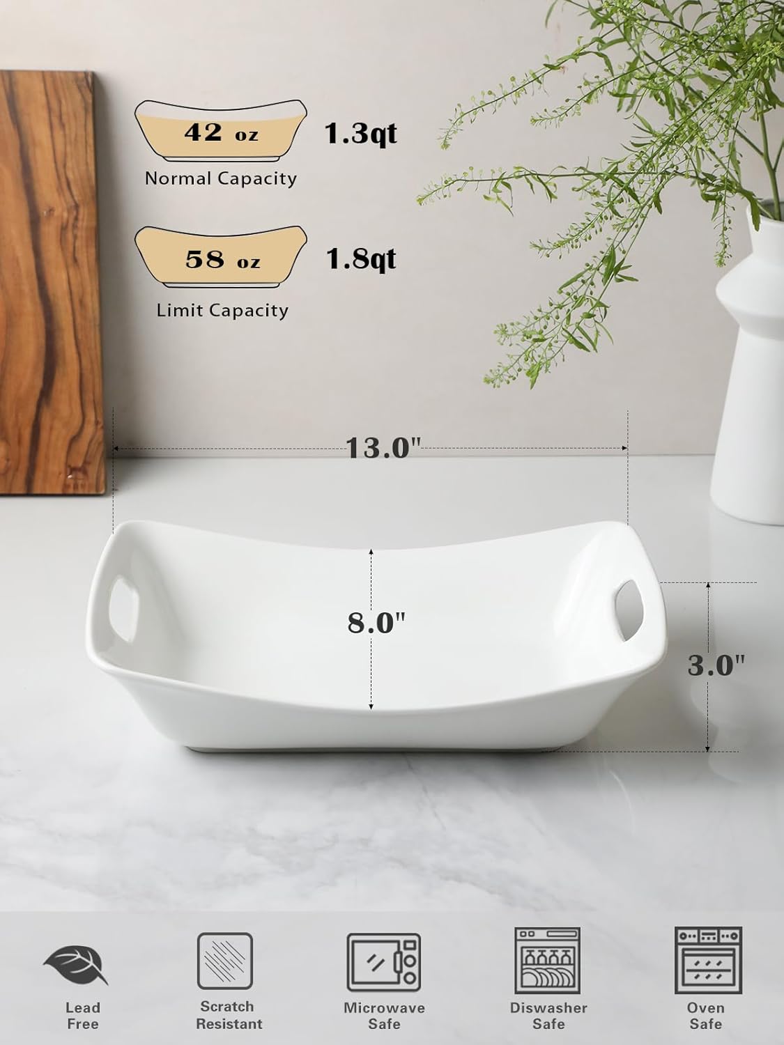 Kanwone Large Serving Bowls with Handles, White Serving Dishes For Entertaining, 1.8 Quarts