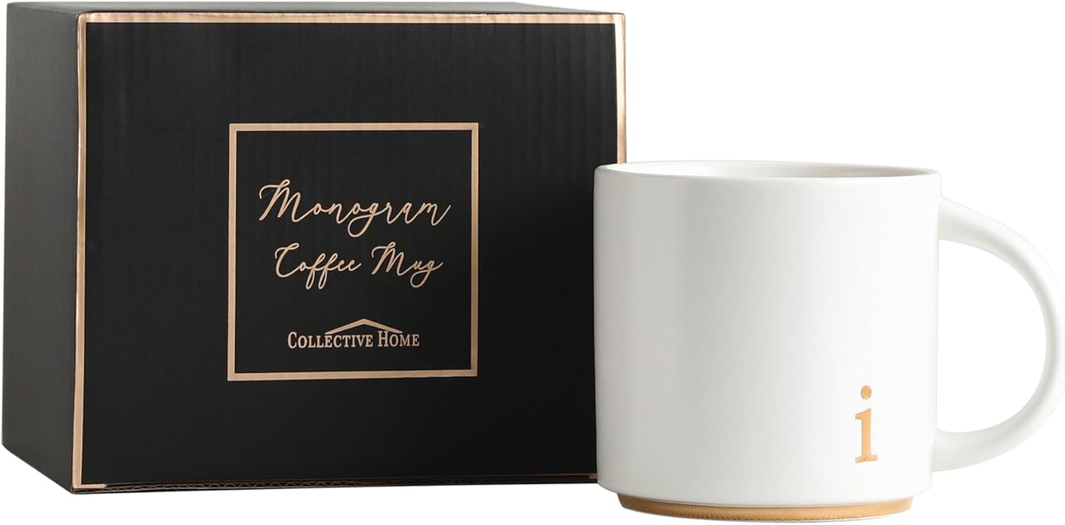 COLLECTIVE HOME - Monogram Ceramic Mugs, 15 oz Golden Initial Coffee Cups, Elegant Alphabet Tea