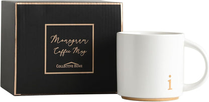 COLLECTIVE HOME - Monogram Ceramic Mugs, 15 oz Golden Initial Coffee Cups, Elegant Alphabet Tea