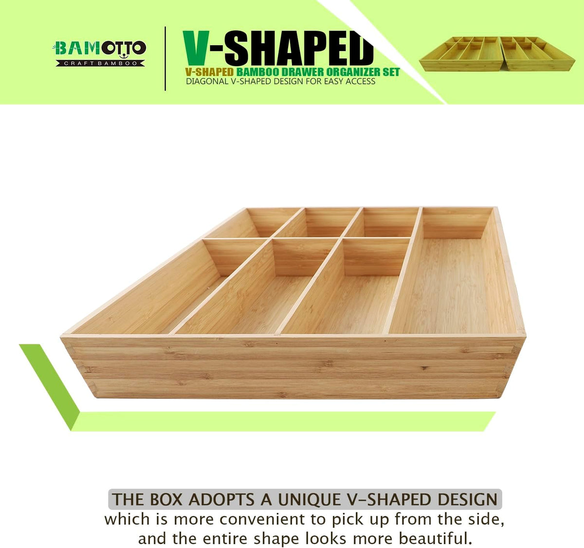 V-Shaped Extra Large Bamboo Drawer Organizer Set of 2, Kitchen Cutlery Tray Utensil Plate