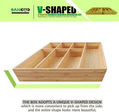 V-Shaped Extra Large Bamboo Drawer Organizer Set of 2, Kitchen Cutlery Tray Utensil Plate