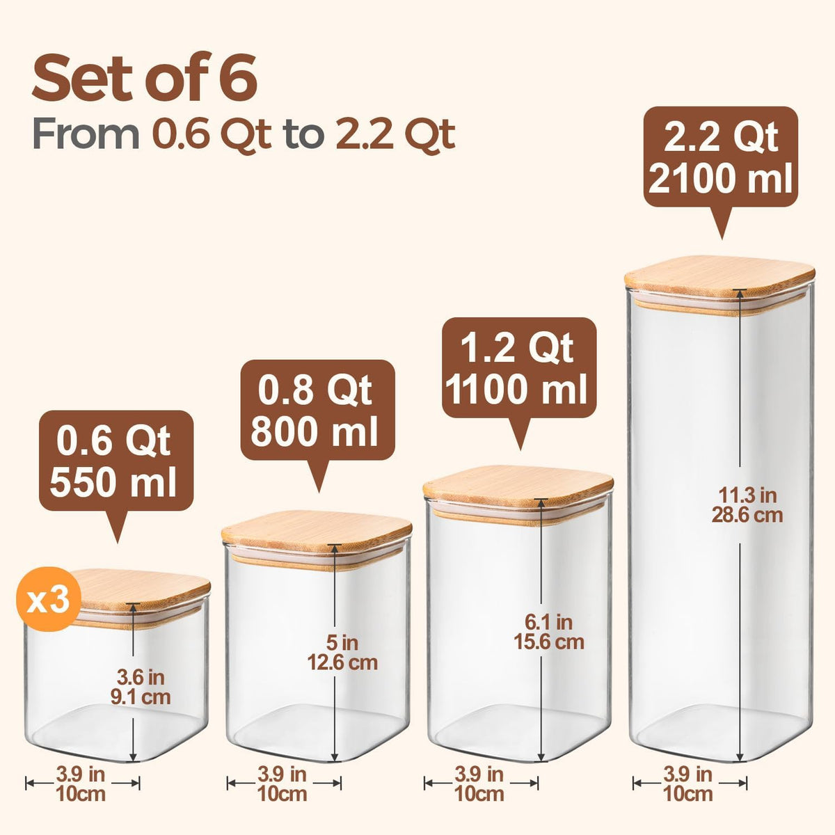 ComSaf Food Storage Containers with Airtight Lids Set of 6, Clear Glass Canister Food Jar with