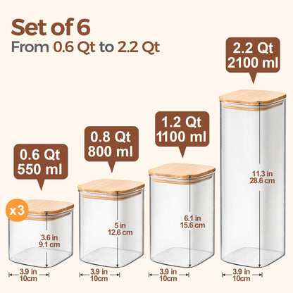 ComSaf Food Storage Containers with Airtight Lids Set of 6, Clear Glass Canister Food Jar with