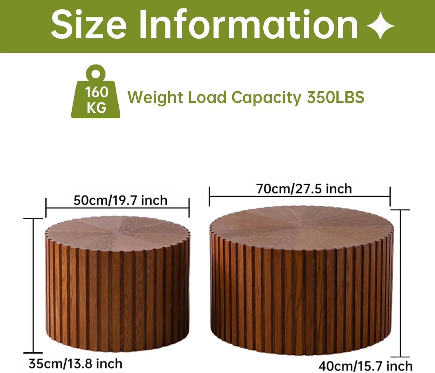 Round Nesting Coffee Table, Drum Wood Coffee Table Set of 2 Brown, Modern Fluted Nesting Tables