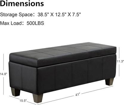 Black Faux Leather Ottoman with Storage, Rectangular Extra Long Storage Bench for Bedroom and