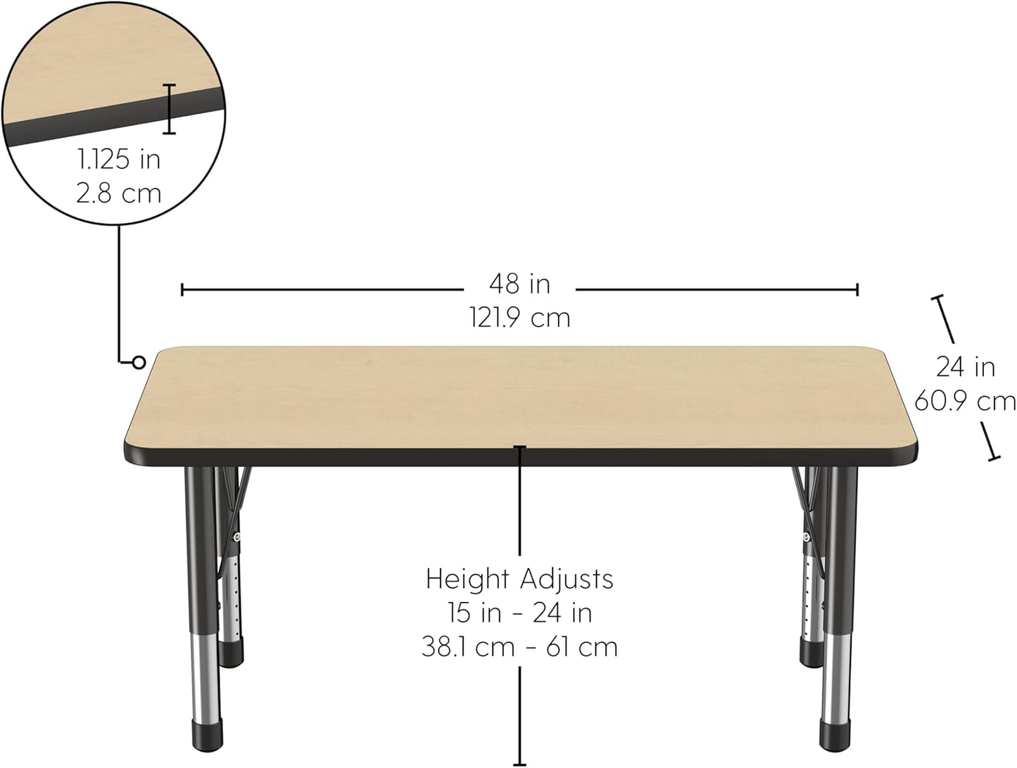 FDP Rectangle Activity School and Kids Classroom Table (24 x 48 inch), Toddler Legs, Adjustable