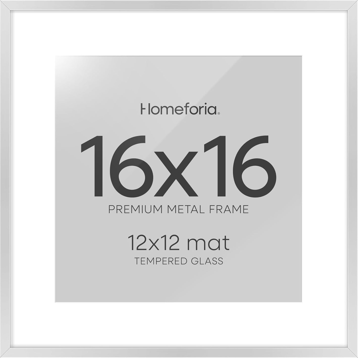 Homeforia 16x16 Silver Picture Frame, High End Metal 16 x 16 Square Frame with Mat 12 x 12 Photo