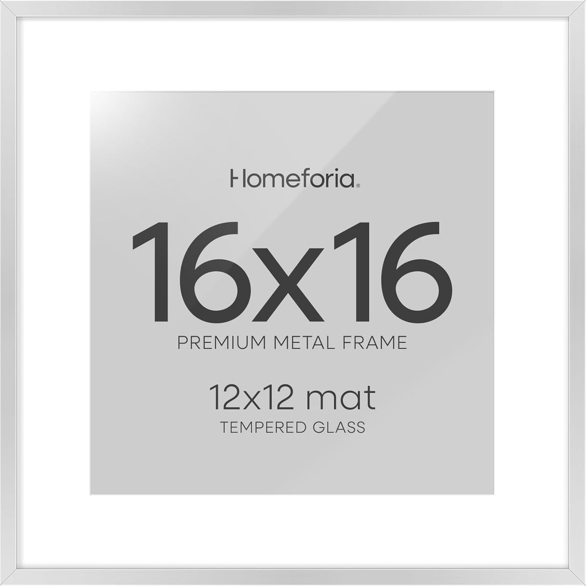 Homeforia 16x16 Silver Picture Frame, High End Metal 16 x 16 Square Frame with Mat 12 x 12 Photo
