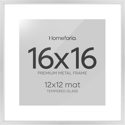 Homeforia 16x16 Silver Picture Frame, High End Metal 16 x 16 Square Frame with Mat 12 x 12 Photo