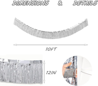 Silver Foil Fringe Garland 10FT 2packs, Metallic Foil Tinsel Fringe Banners for Parade Float