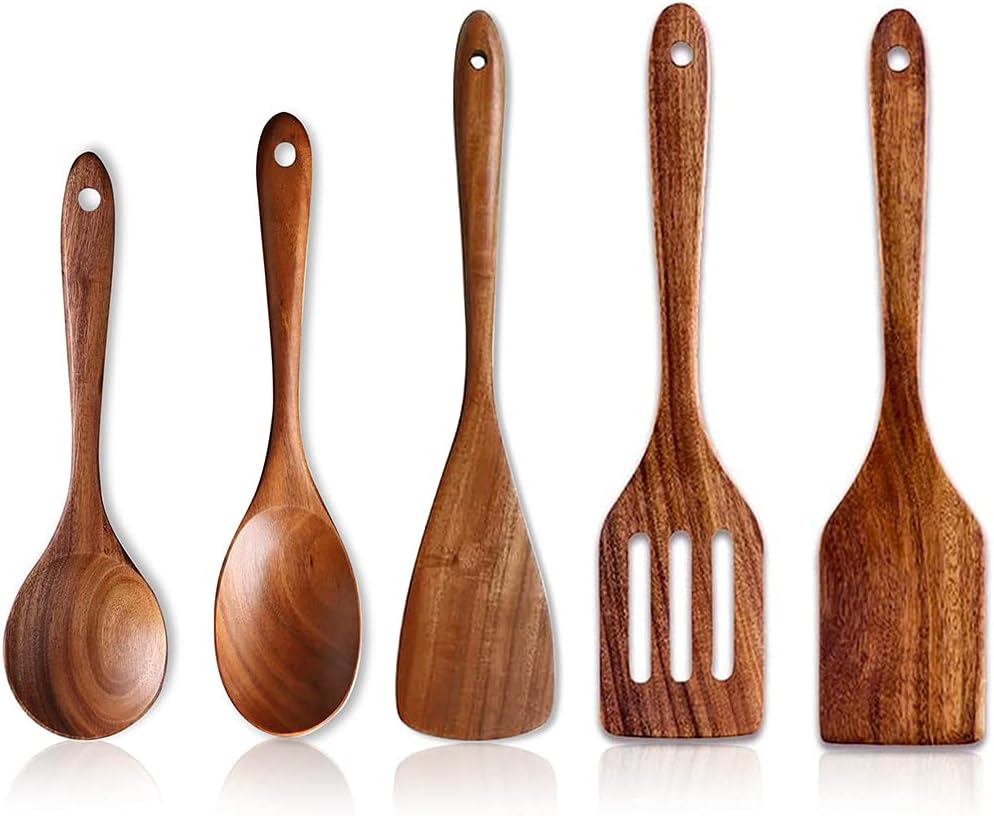 5 Pcs Best Wooden Spoons for Cooking Kitchen Utensils Set Acacia Wood Cooking Spatula Turner Non