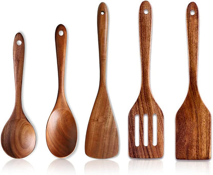 5 Pcs Best Wooden Spoons for Cooking Kitchen Utensils Set Acacia Wood Cooking Spatula Turner Non