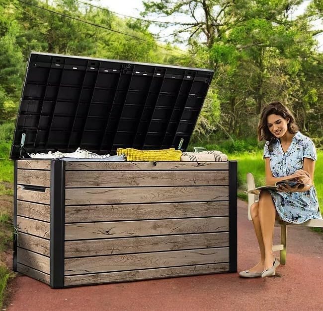 Outdoor Storage Box, Wood-Look Resin Deck Container, Indoor/Outdoor Storage, Ash Wood Brown (230