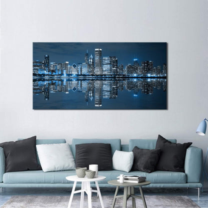 LevvArts Modern City Wall Art Chicago Downtown at Night Picture Print on Canvas Building Artwork