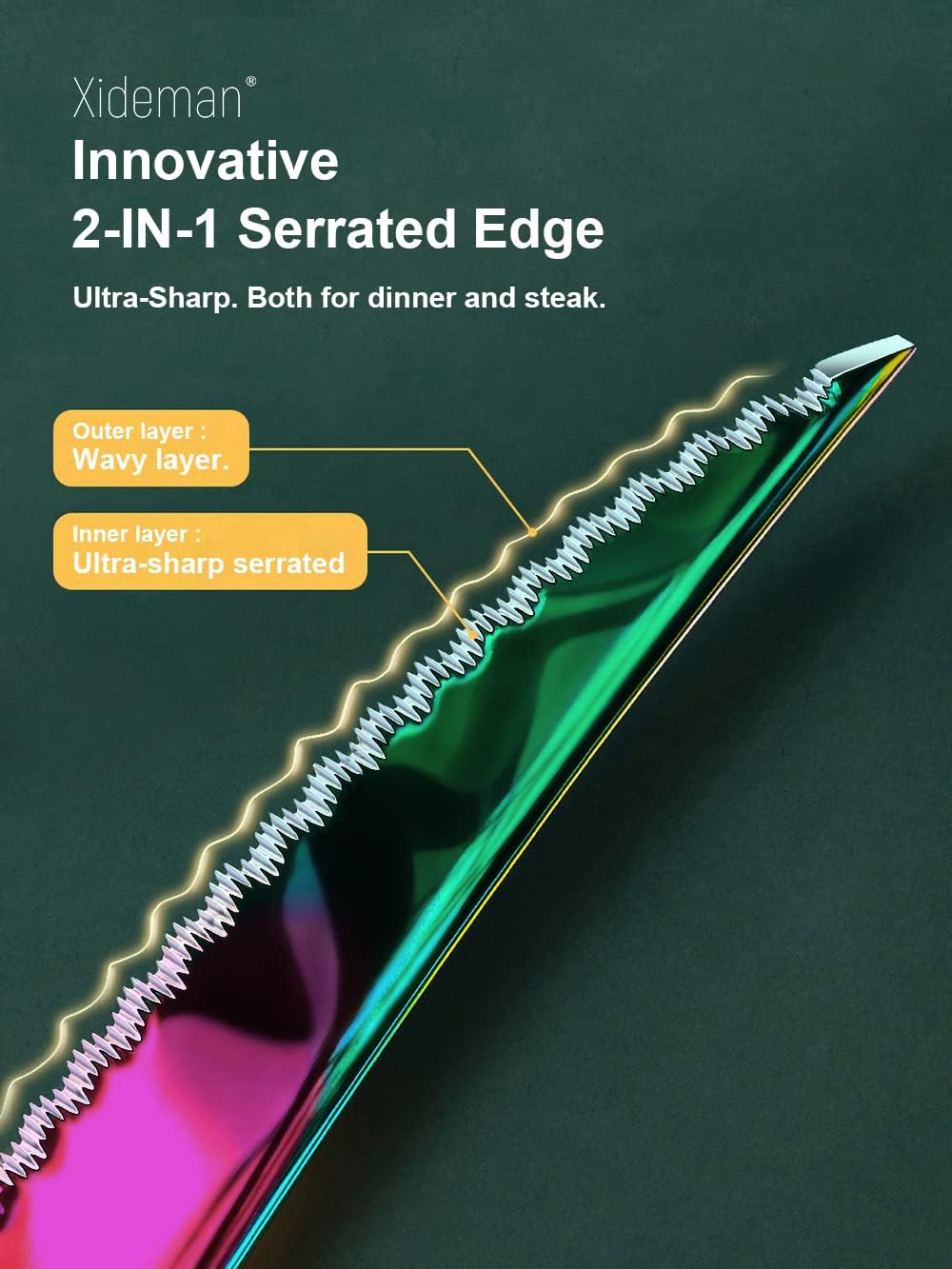 16-Piece Modern Hammered Rainbow Silverware Set with Ultra Sharp 2-IN-1 Serrated Knife, 18/10