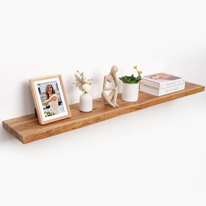 RICHFOCUS Live Edge Elm Floating Shelves - 55" W x 9.3" D Rustic Solid Wood Wall Shelves with