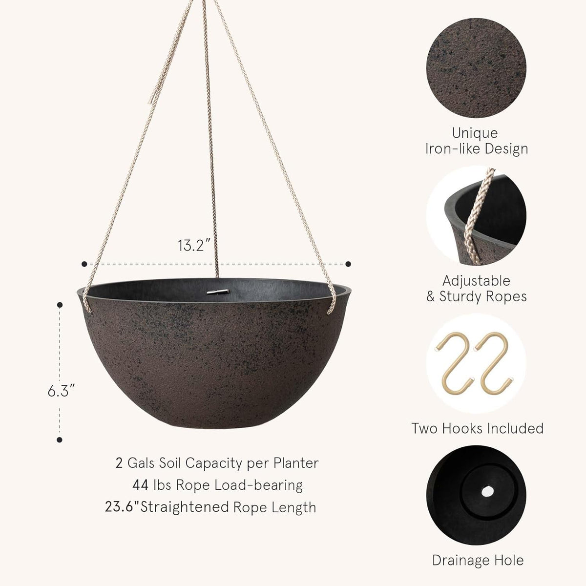 LA JOLIE MUSE Large Hanging Planters - 13 Inch Flower Pots Outdoor Indoor, Hanging Garden Planters