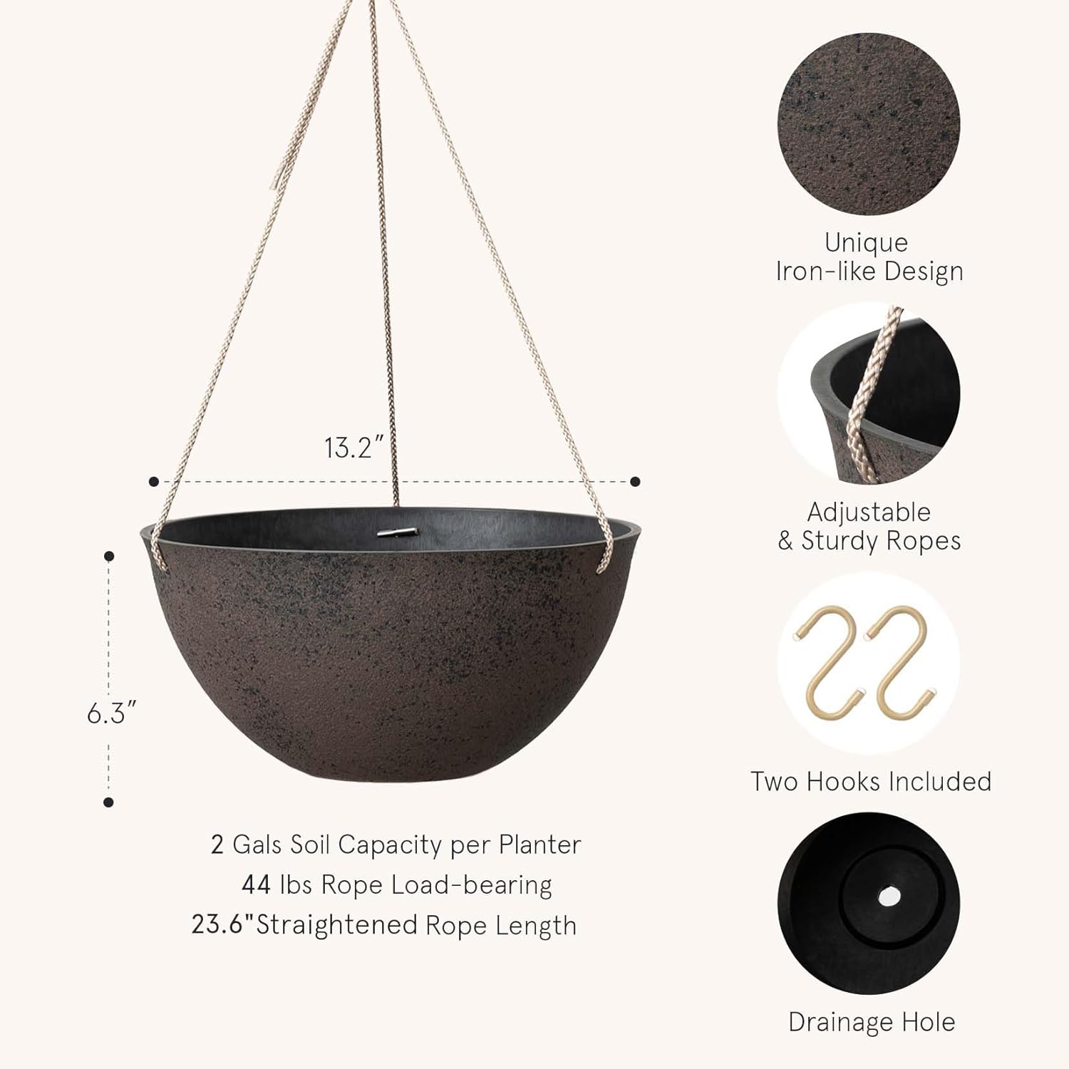 LA JOLIE MUSE Large Hanging Planters - 13 Inch Flower Pots Outdoor Indoor, Hanging Garden Planters