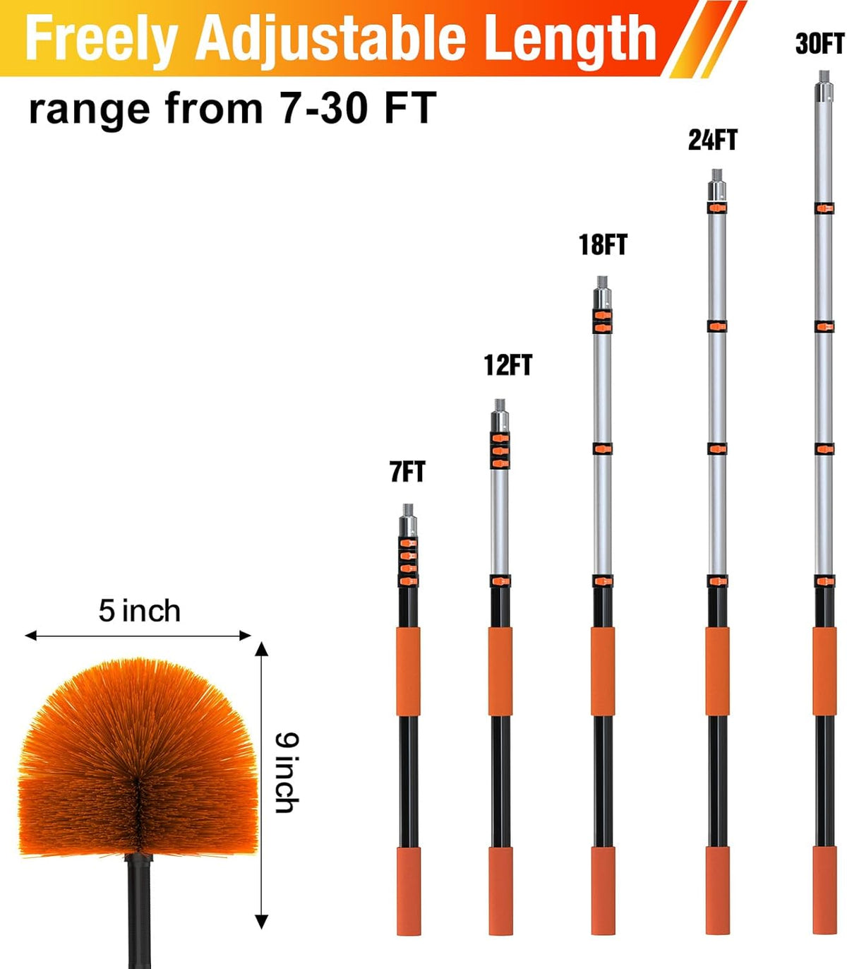 30FT (36FT Reach) Cobweb Duster with Extension Pole, Spider Web Brush for Cleaning Extendable