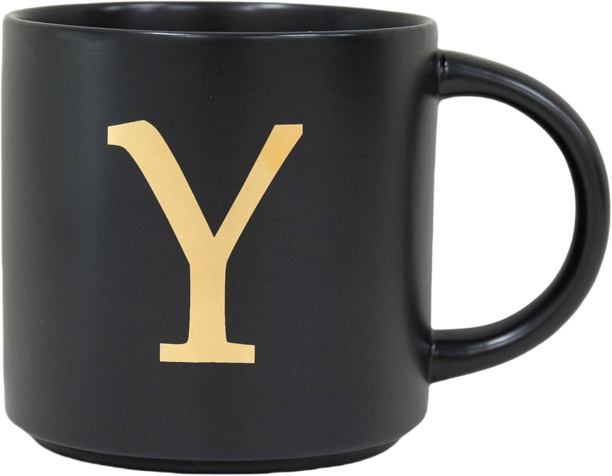 COLLECTIVE HOME - Monogram Ceramic Mugs, 15 oz Golden Initial Black Coffee Cups, Elegant Alphabet