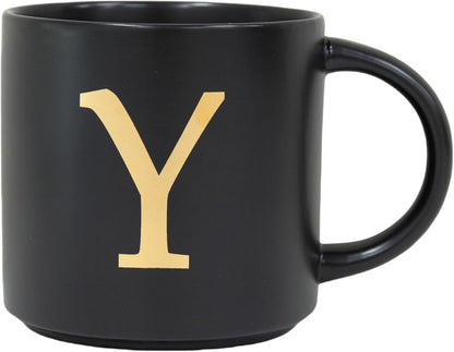 COLLECTIVE HOME - Monogram Ceramic Mugs, 15 oz Golden Initial Black Coffee Cups, Elegant Alphabet