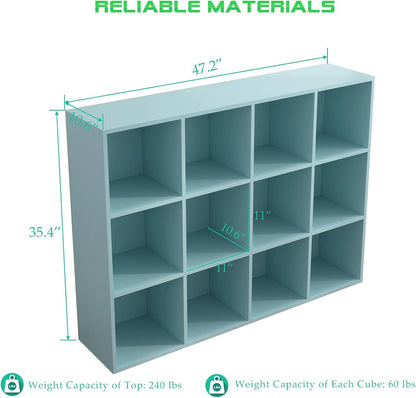 12-Cube Storage Shelf Bookcase - Wooden 3-Tier Floor Standing Open Bookshelf for Home and Office