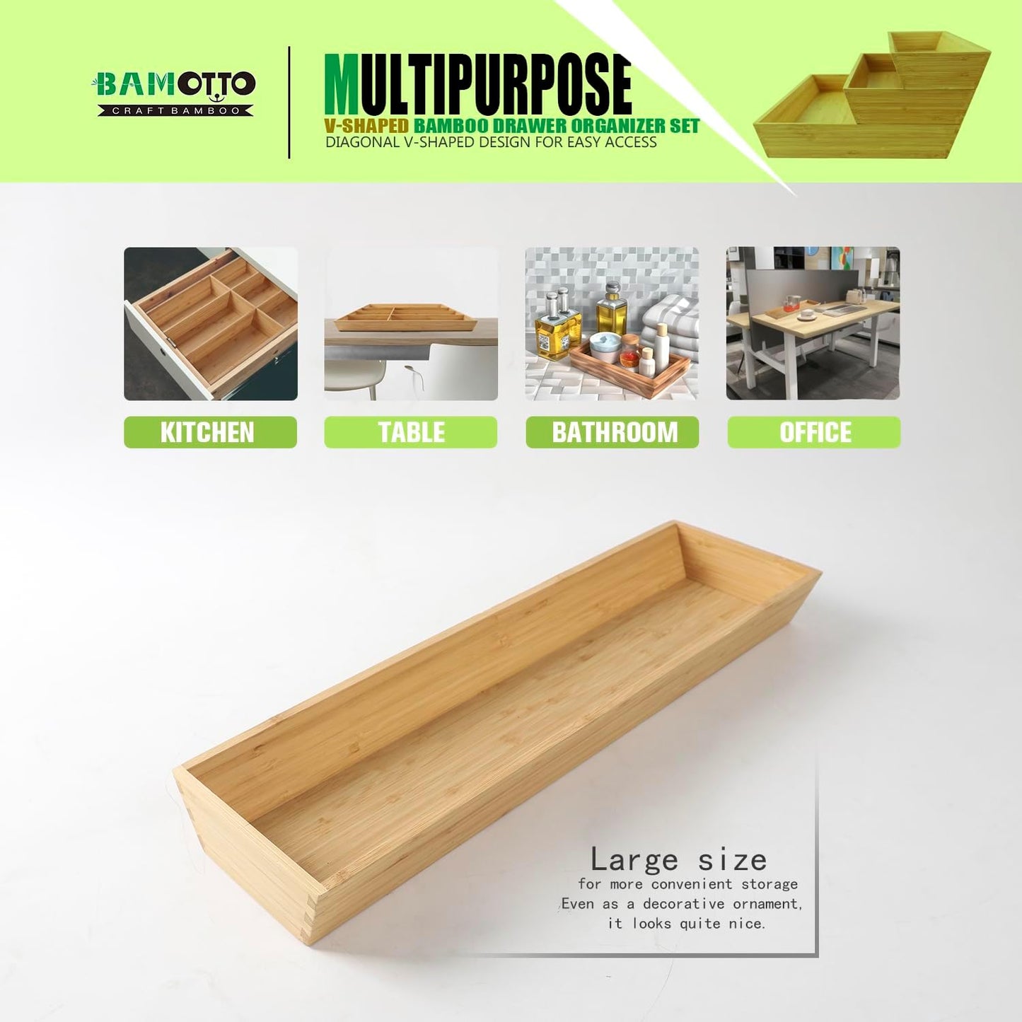 V-Shaped Bamboo Drawer Organizer Set of 3, Kitchen Large and Long Utensil Plate, Flatware &