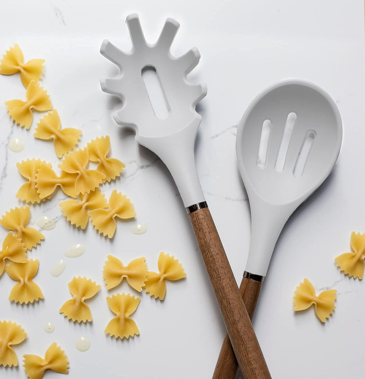 Country Kitchen Non Stick Silicone Utensil Set with Rounded Wood Handles for Cooking and Baking, 8