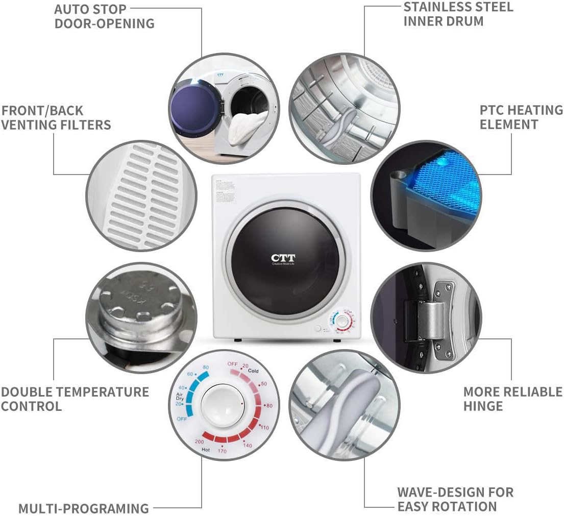 CTT 3.5 Cu. Ft. Clothes Dryer, 1500W Electric Dryers for Clothes, 110V Electric Clothes Dryer with