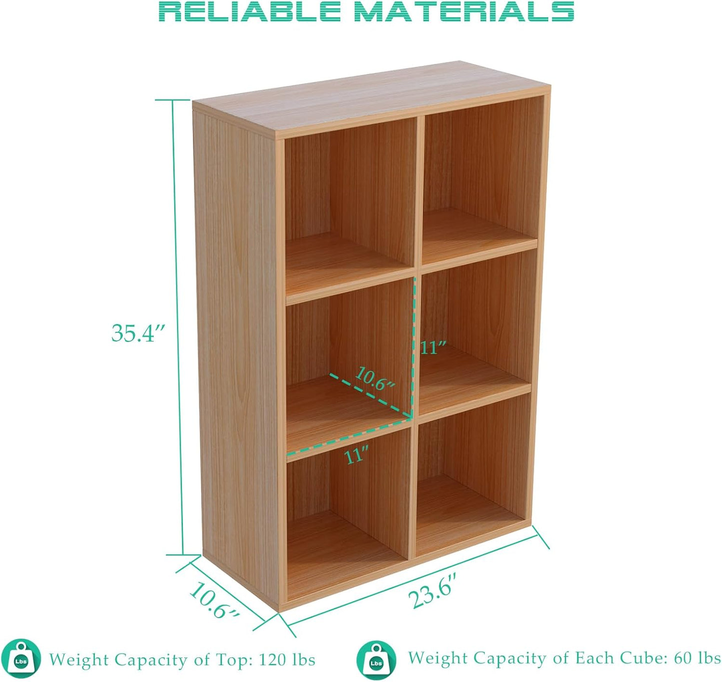 6-Cube Storage Shelf Bookcase - Wooden 3-Tier Floor Standing Open Bookshelf for Home and Office