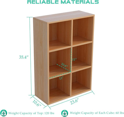 6-Cube Storage Shelf Bookcase - Wooden 3-Tier Floor Standing Open Bookshelf for Home and Office