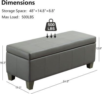 51 Inch Faux Leather Ottoman with Storage, End of Bed Bench with Large Storage, Rectangular Extra