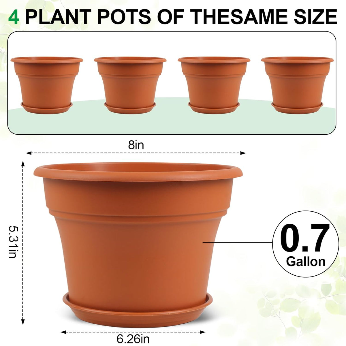 8 Inch Plastic-Flower Pot-for-Indoor Plants, 4 Pack Large Outdoor Planter Pot with Drainage Holes &