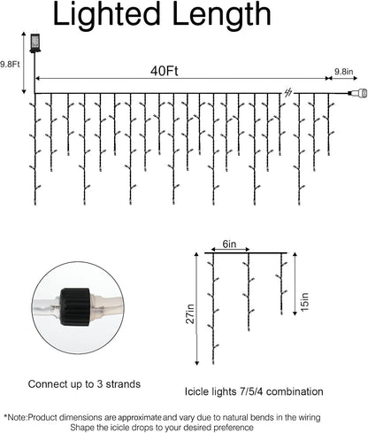 Icicle Outdoor Christmas Lights, 40Ft. 432 LED with 81 Drops, Dimmable Twinkle Fairy with Remote