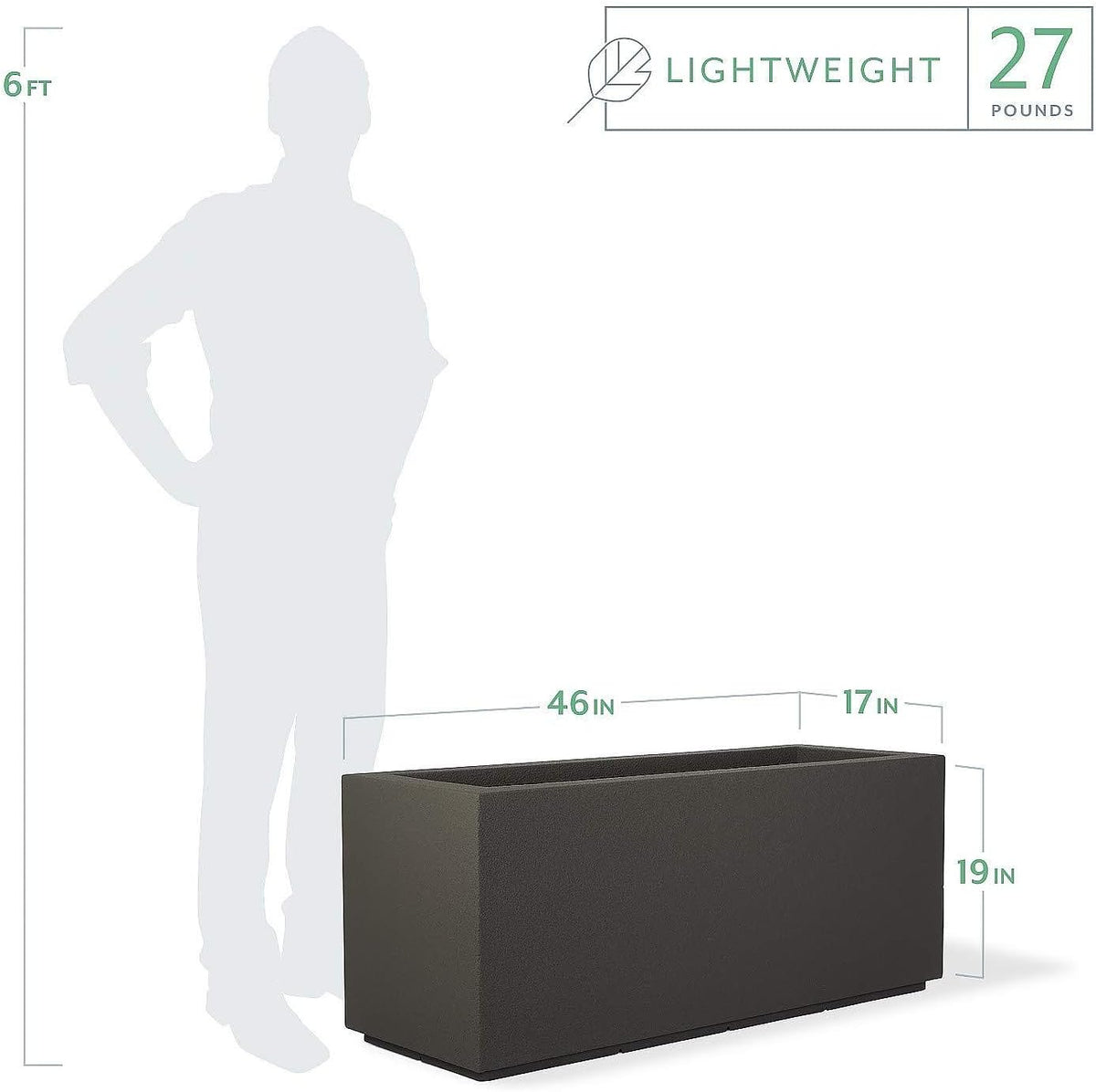 PolyStone Milan Tall Modern Outdoor/Indoor Rectangular Trough Planter, 46" L X 17" W X 19" H