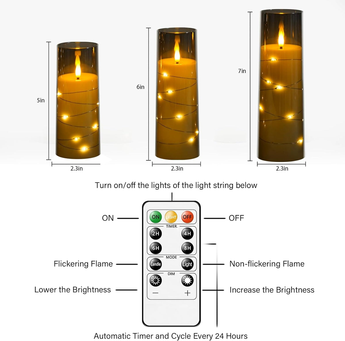 Flickering Flameless LED Candles, 9 Pcs with Embedded Star String, Acrylic LED Pillar Candles with
