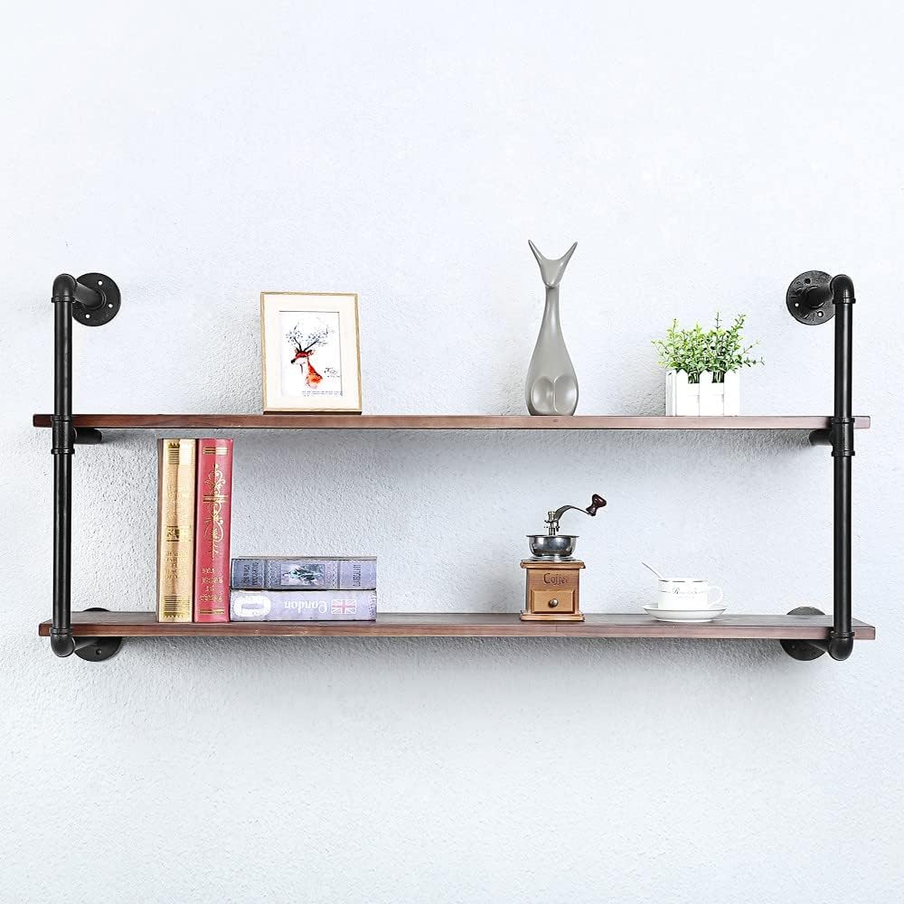 Industrial Pipe Shelving Wall Mounted,48in Rustic Metal Floating Shelves,Steampunk Real Wood Book
