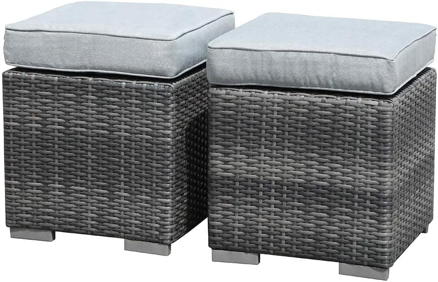 Patiorama 2 Pieces Assembled Outdoor Patio Ottoman, Indoor Outdoor All-Weather Grey Wicker Rattan