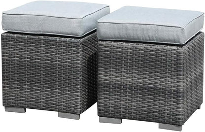 Patiorama 2 Pieces Assembled Outdoor Patio Ottoman, Indoor Outdoor All-Weather Grey Wicker Rattan