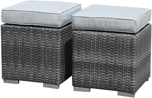 Patiorama 2 Pieces Assembled Outdoor Patio Ottoman, Indoor Outdoor All-Weather Grey Wicker Rattan