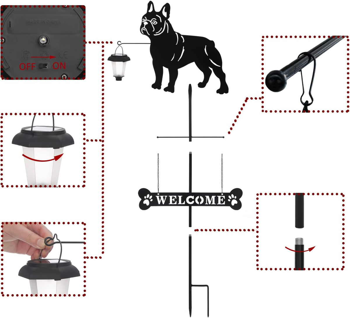 BAYN Solar French Bulldog Silhouette Dog Breed Welcome Sign with a Lantern Outdoor Decorative