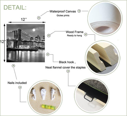 LevvArts Black and White City Wall Art Modern Brooklyn Bridge Picture Prints US Cityscape Canvas